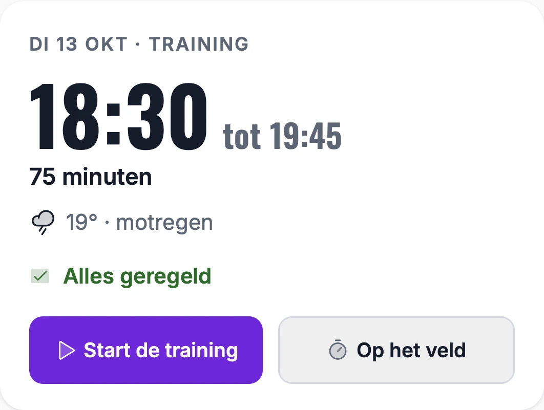 De training van dinsdag 18:30 tot 19:45, 75 minuten, 19 graden en motregen, met de knoppen Start de training en Op het veld