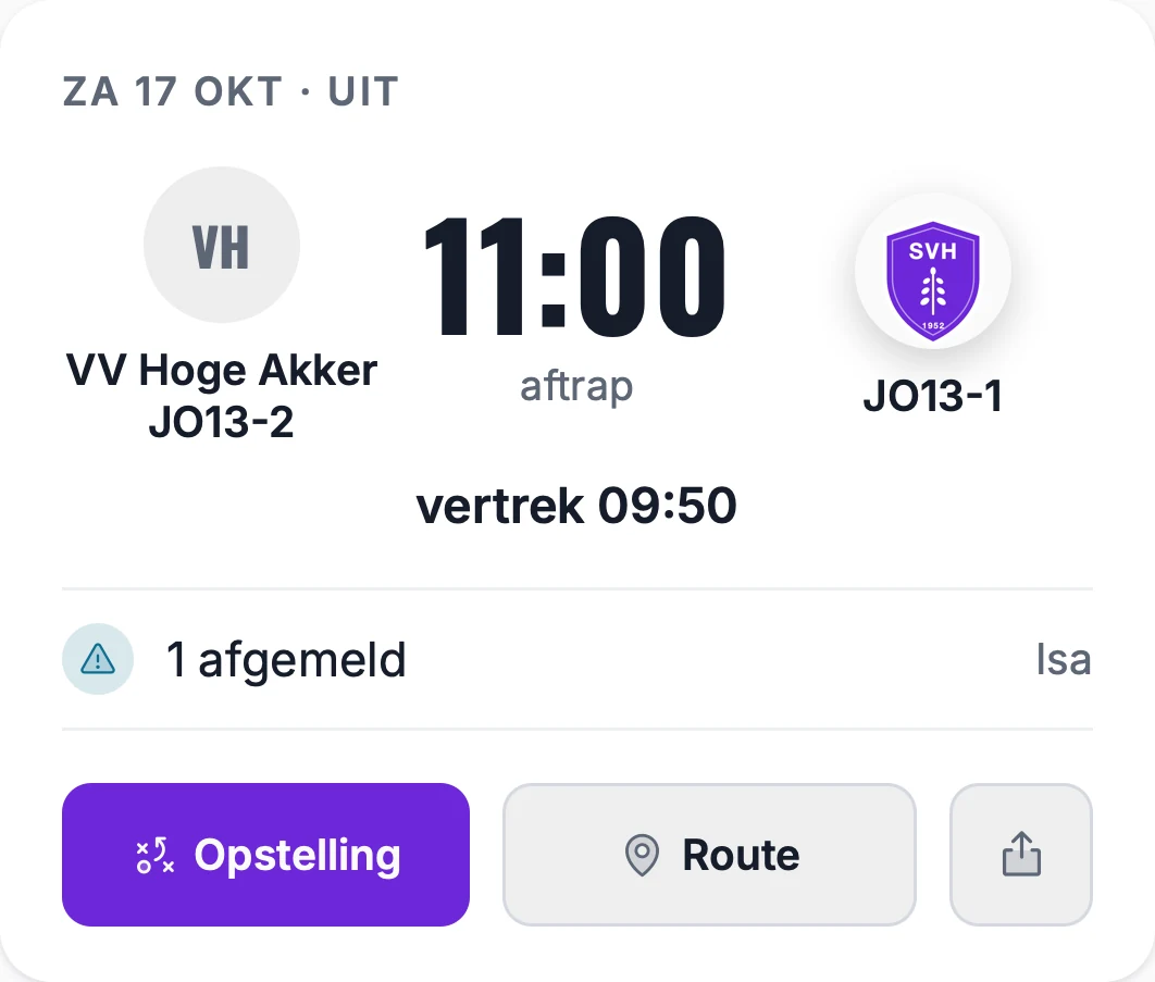 De uitwedstrijd van zaterdag 17 oktober tegen VV Hoge Akker: aftrap 11:00, vertrek 09:50, 1 afgemeld